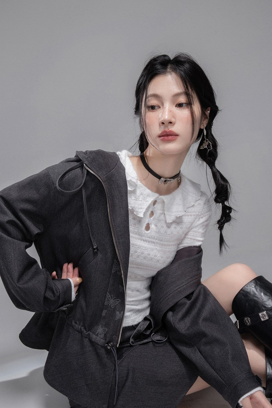 Gray Butterfly Spliced Hooded Jacket+Skirt COT0353