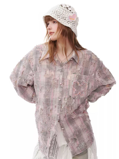 Butterfly Jacquard Pocket Damaged Plaid Loose Shirt ZIZ0161