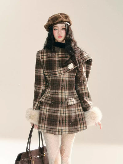 Plaid WoolenSlim Mid-Length Coat DIA0283