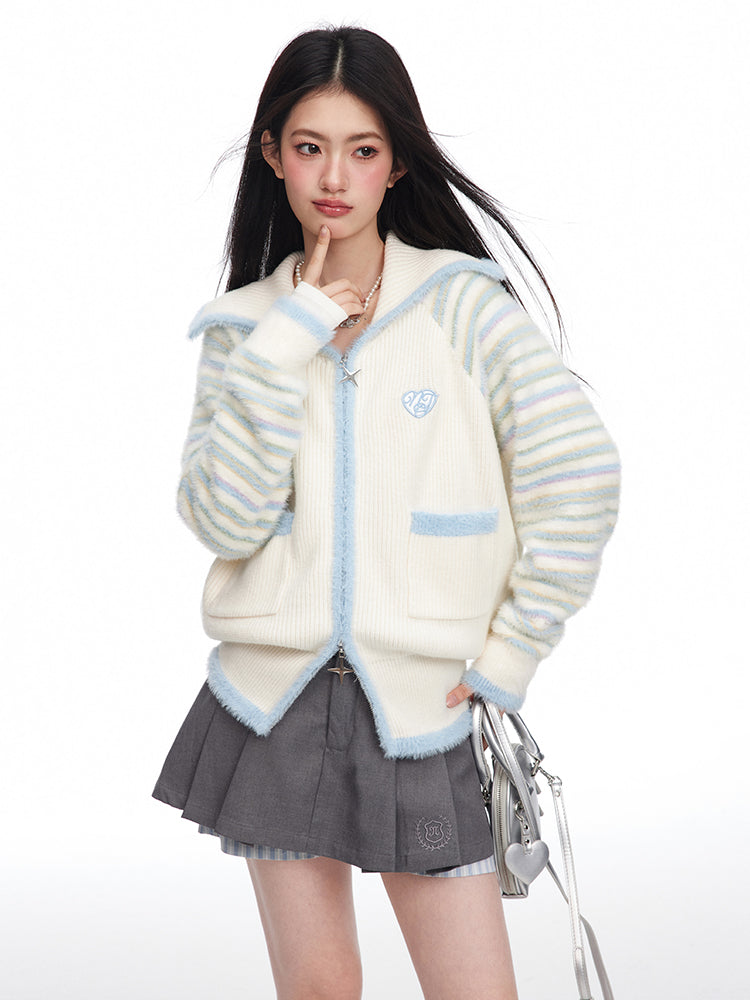 カーディガン made in Italy knit cardigan. Cream Striped Sleeve Zip Knit Cardigan NTO0060 – Young