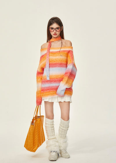 Rainbow Knitted Off-shoulder Lazy Sweater GIF0074