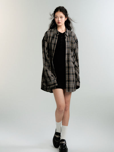 Retro color scheme loose plaid shirt jacket LUL0087