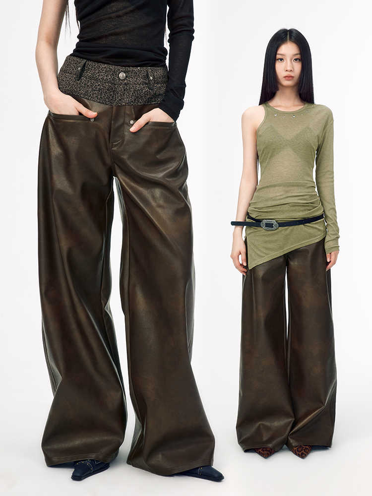 Waist Leopard Pattern Leather Style Casual Wide Pants WOO0113