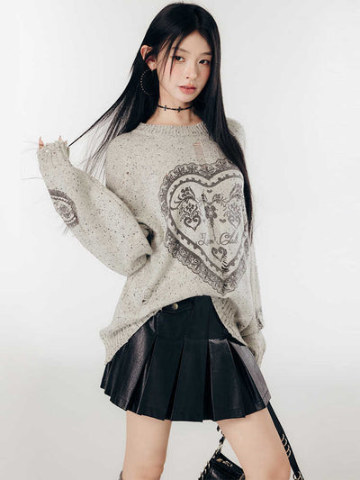 Lace Heart Pattern Mixed Color Loose Knit Top LAC0245