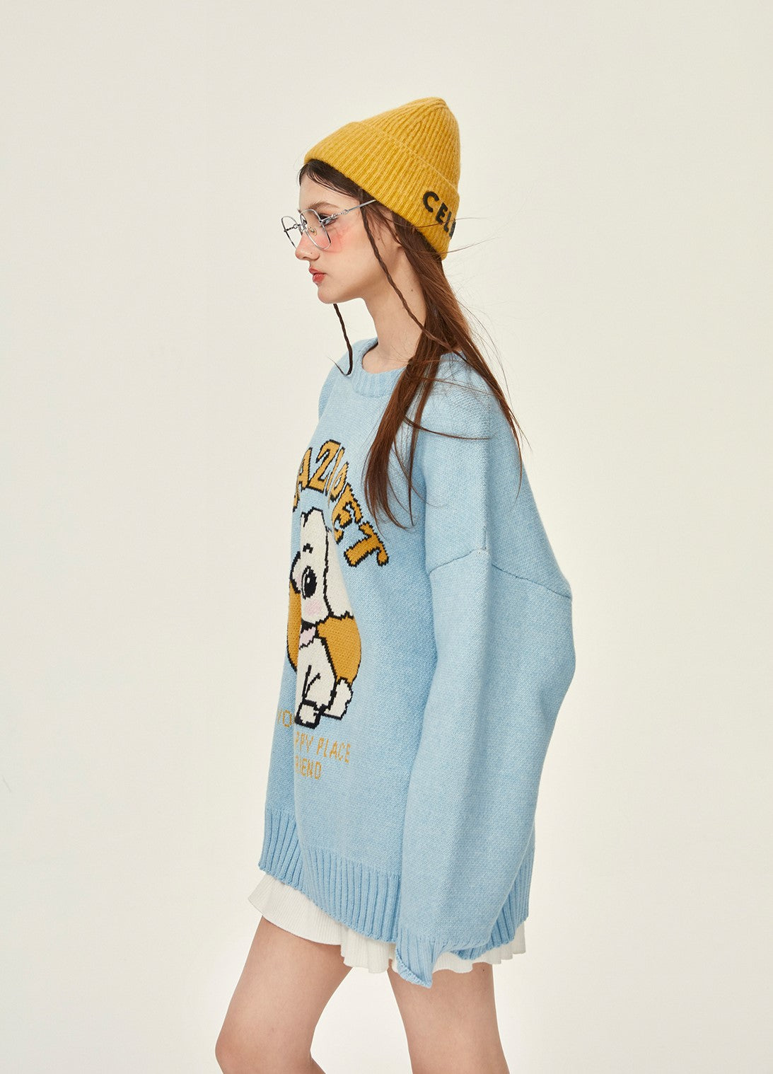 Cute Dog Blue Thick Loose Knitted Sweater GIF0068