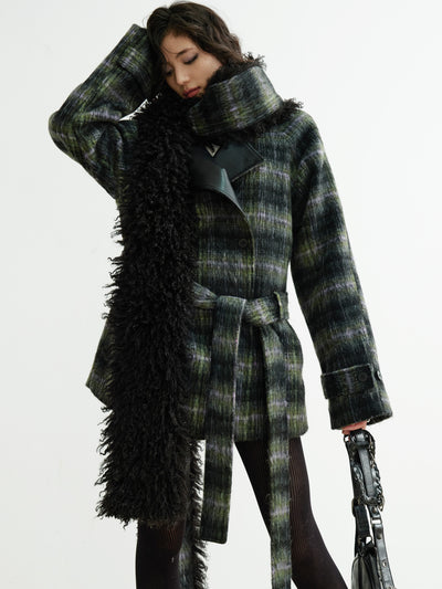 Retro Super Long Fur Scarf Plaid Coat JNY0204