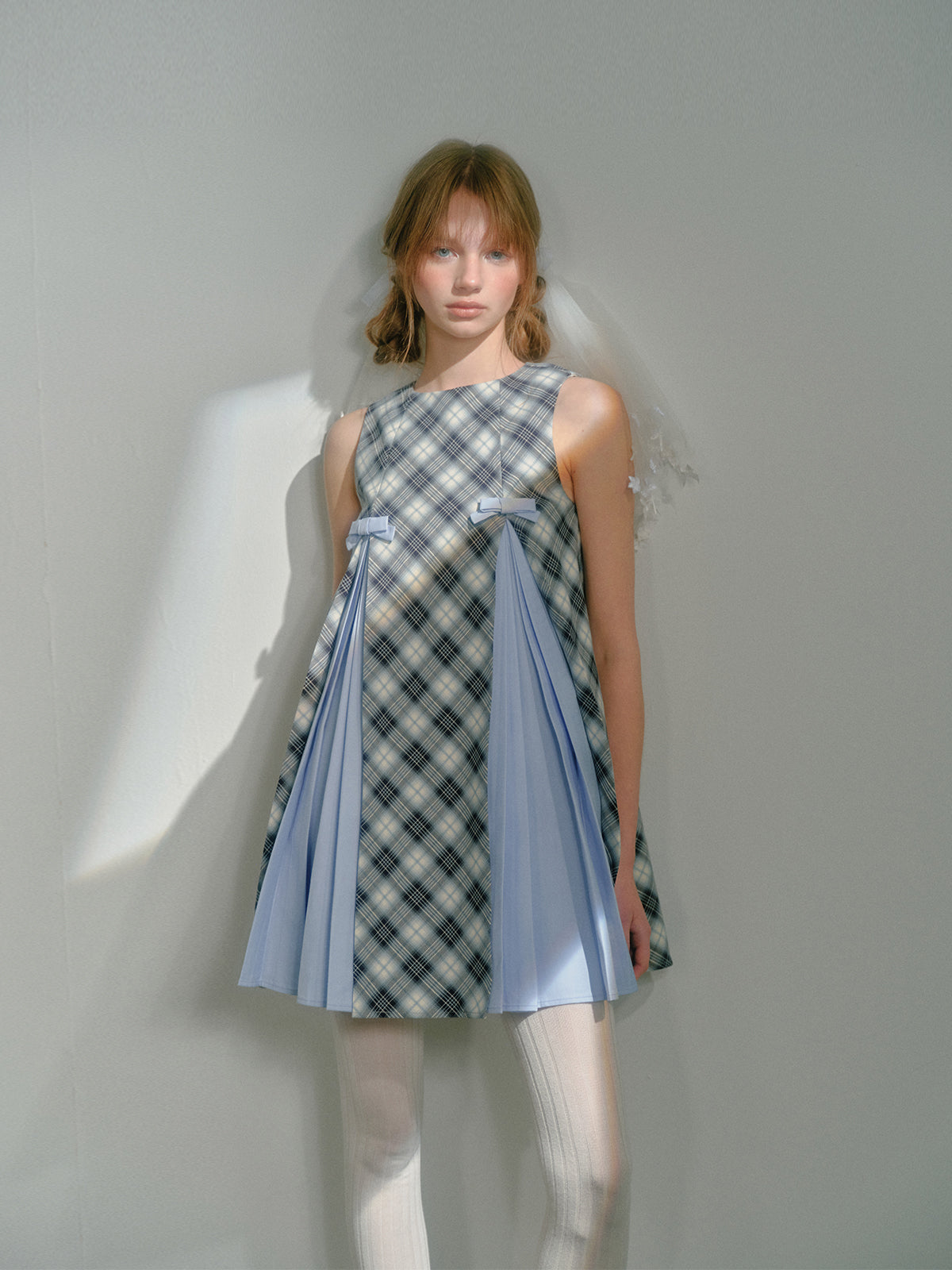 Light blue plaid pleated stitch A-line short dress UNO0009