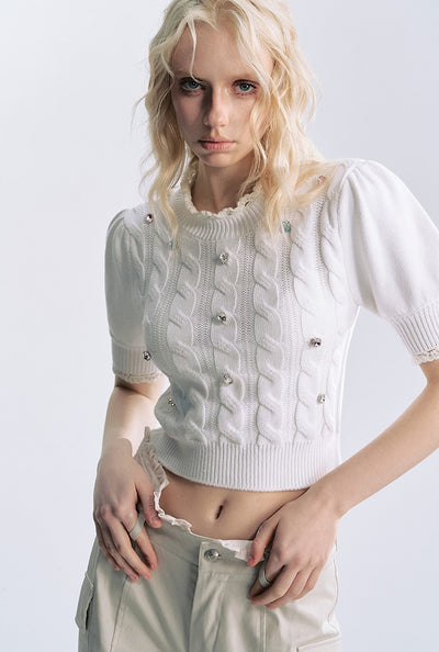 White Twisted Lace Collar Short-sleeved Sweater BYW0010