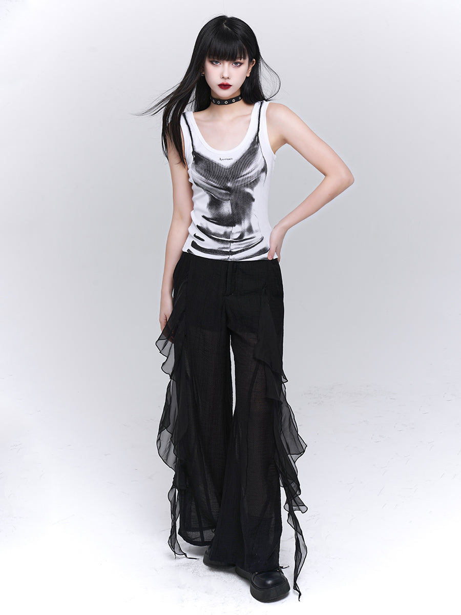 Ruffle Tulle Design See-through Loose Pants LAD0071