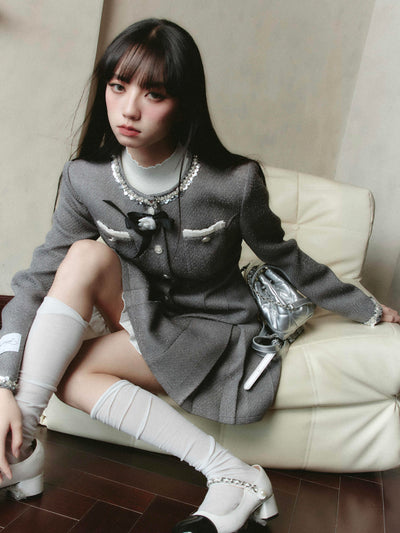 Sequined Round Collar Rose Motif Pocket Jacket & Layered College Style Pleated Skirt FRA0221