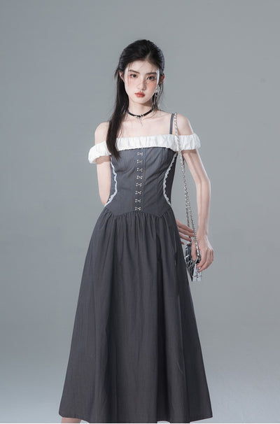 Gray High-end One-shoulder Contrasting Design Waist Dress COT0139