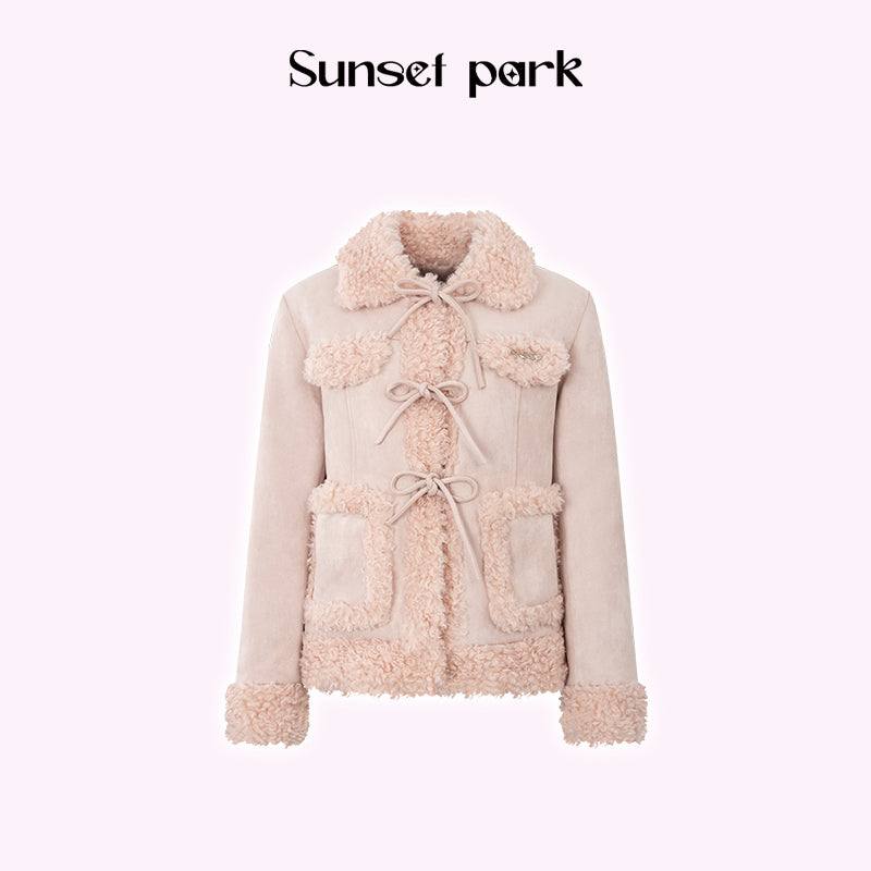 Suede Stitch Design Point Fur Ribbon Jacket & Hem Fur Mini Skirt SUN0016