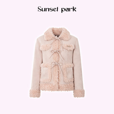 Suede Stitch Design Point Fur Ribbon Jacket & Hem Fur Mini Skirt SUN0016