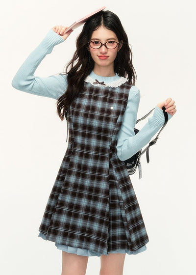 Retro Blue And Brown Plaid Sleeveless Slim A-line Dress NTO0139