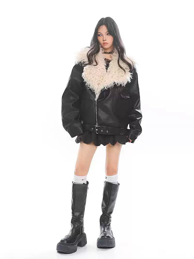 Fur Lapel Windproof Loose Leather Jacket UNC0219