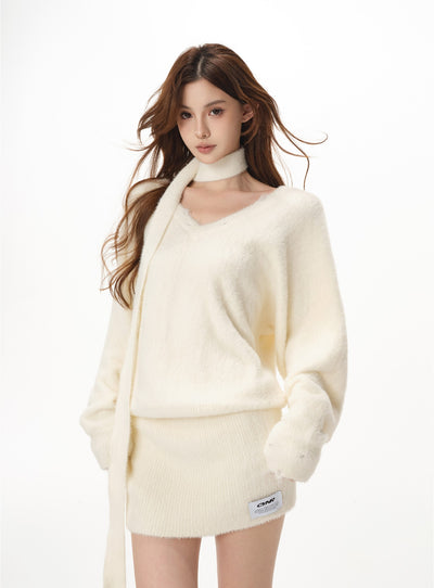 Oblique Shoulder V-neck Sweater CYN0018