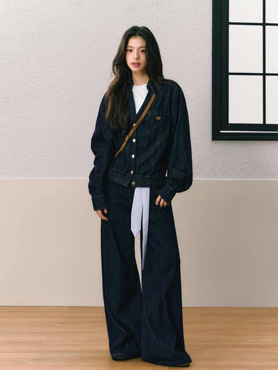 Gathered hem shirt style denim jacket and wide leg pants SHI0077