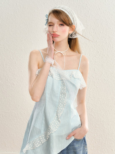 Dot Lace Design Ruffle Asymmetrical Sleeveless Top SPE0068