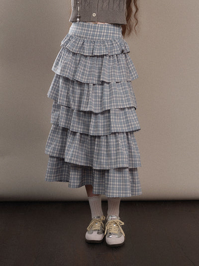 Blue Checked Frilled Layered Long Skirt YOO0075