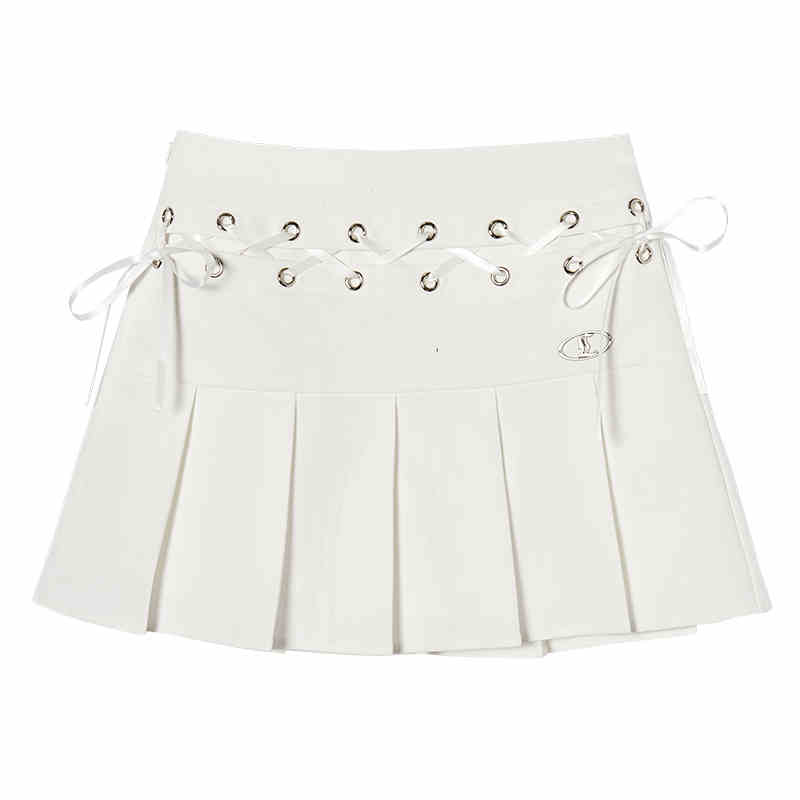 College Style Pleated Skirt with Waist Cross Strap Design LAC0232