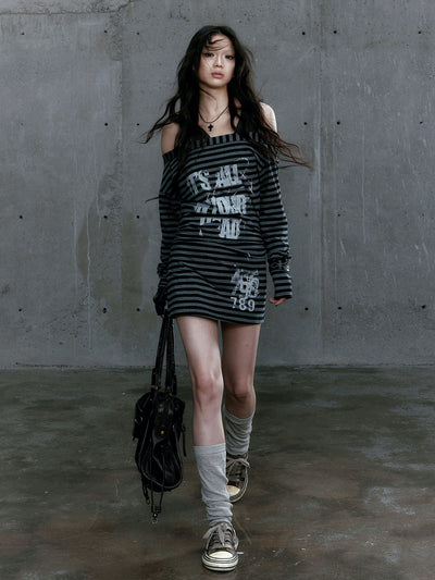 Punk Two-piece Black and Gray Striped Graffiti Printed Dress CES0092