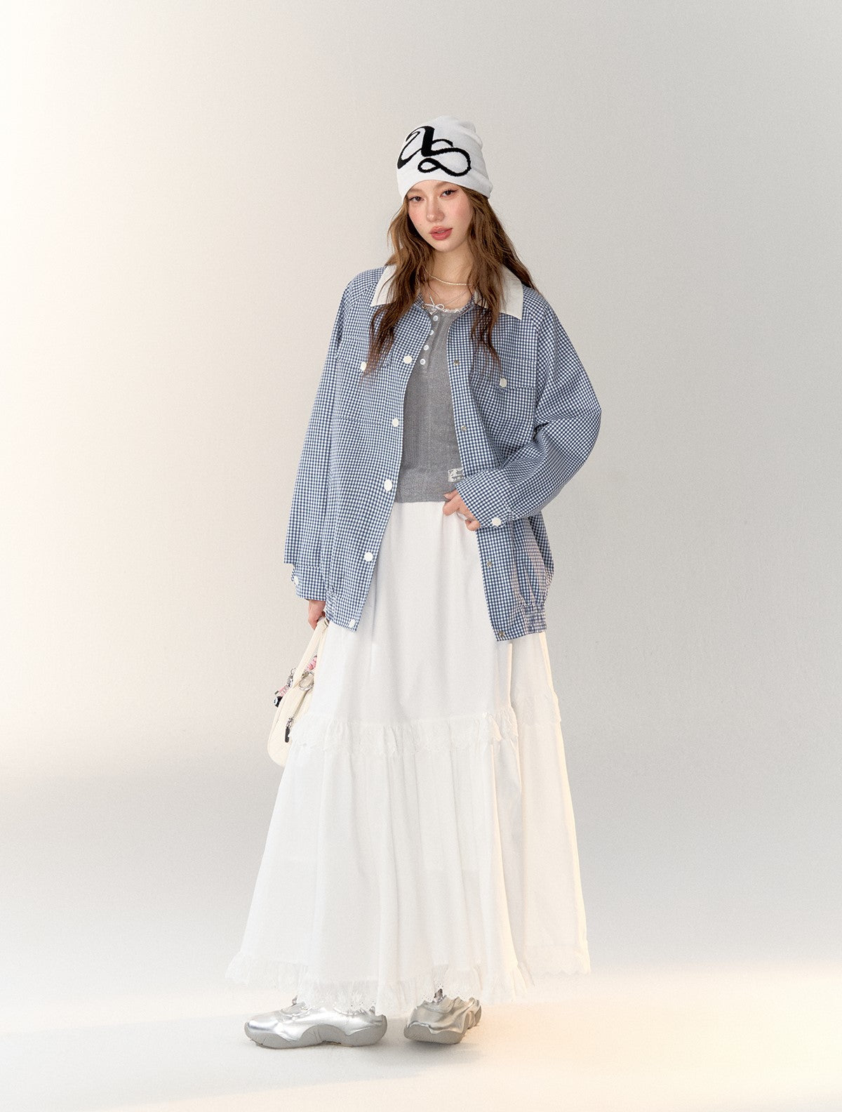 체크 무늬 <tc>Jacket</tc>/롱스커트/슬리브리스탑 ASG0005