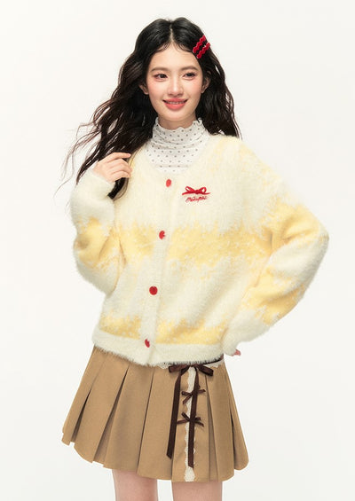 Bowknot Cream Yellow Long Hair Gradient Stripes Lazy Style Sweater Cardigan NTO0136