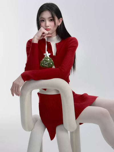 Red Knitted Cardigan/Skirt/Off-white Vest FRA0269