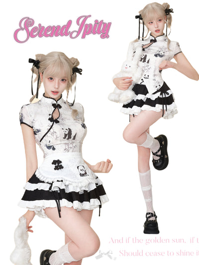 Chinese Style Panda Pattern Top & Ruffle Layered A-line Mini Skirt SER0023