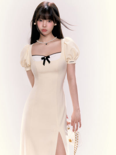 Square Neck Puff Sleeve Side Slit Dress UND0041