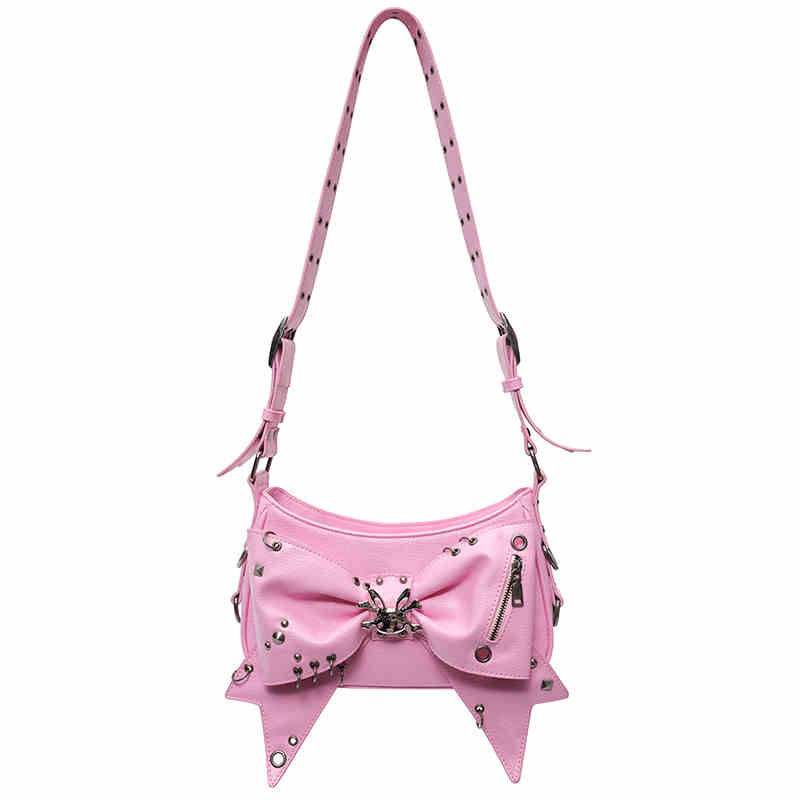 Punk ribbon shoulder bag with studs and skeleton design CFI0039