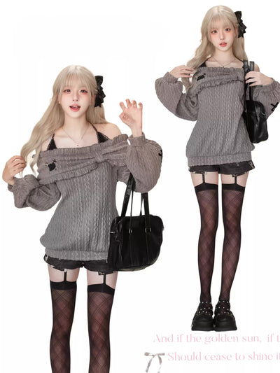 One Shoulder Knitted Sweater/Short Leopard Shorts SER0103