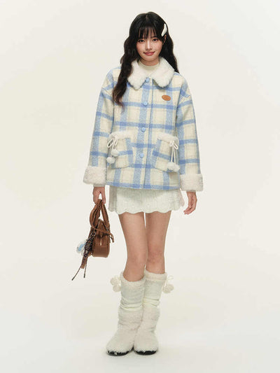 Lined quilted plaid jacket with fur collar and pocket design NTO0156