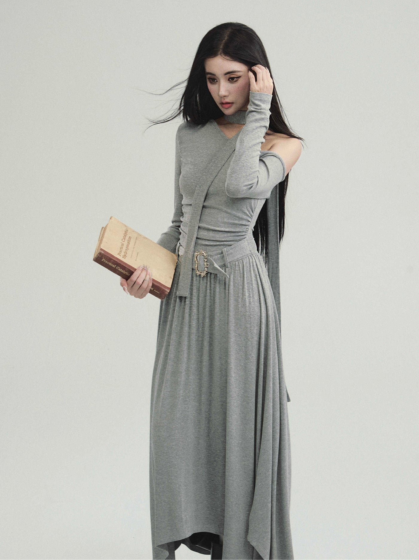 One Shoulder Waist Belt Round Hem Knit Dress FRA0212