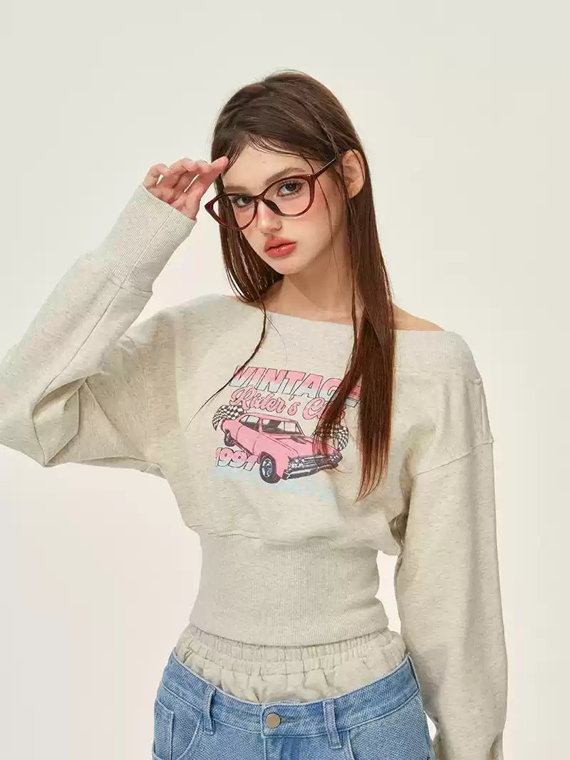 Gray Pure Cotton Waist American Retro Print Short Waist Sweatshirt GIF0072