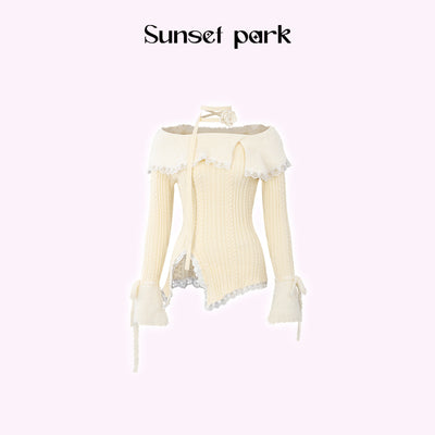 Rose Neck Strap Set Off-Shoulder Side Slit Lace Slim Cable Knit Top SUN0010