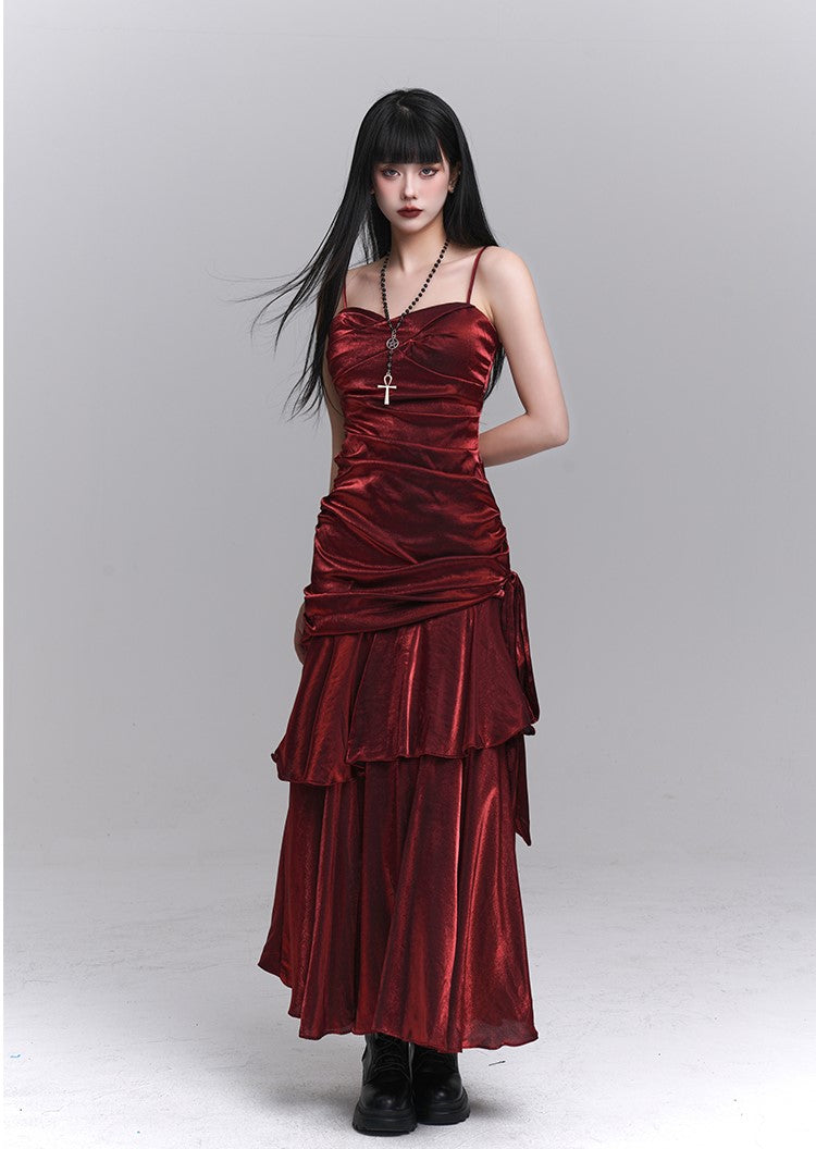 Dark Red Suspender Cake Dress LAD0150