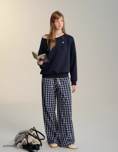 Drawstring Fine Plaid Wide-leg Pants SOM0105