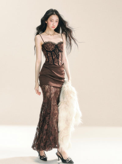 Lace Leopard Suspender Long Dress/Fur Jacket DIA0292