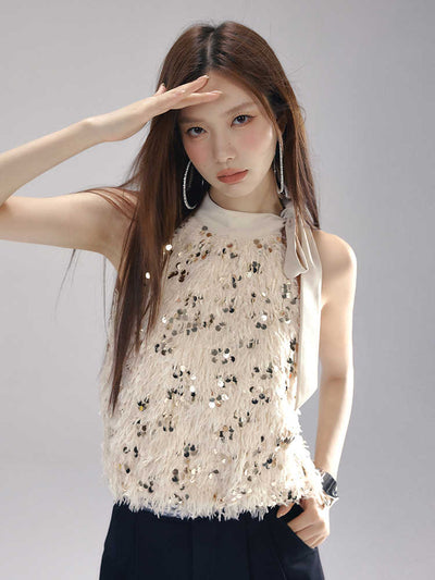 Feather Sequined Ribbon Neck Sleeveless Top LAC0240