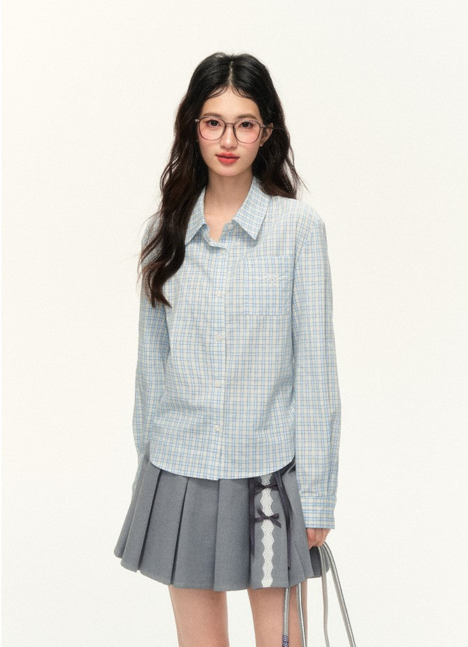 Multi-color Straight Shoulder Plaid Bow Embroidery Long-sleeved Shirt NTO0119