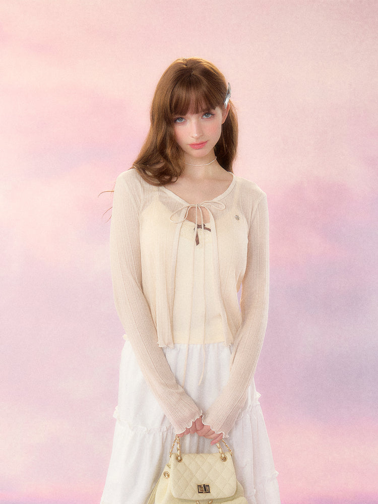 Natural color ribbon sheer slim cardigan SPE0046