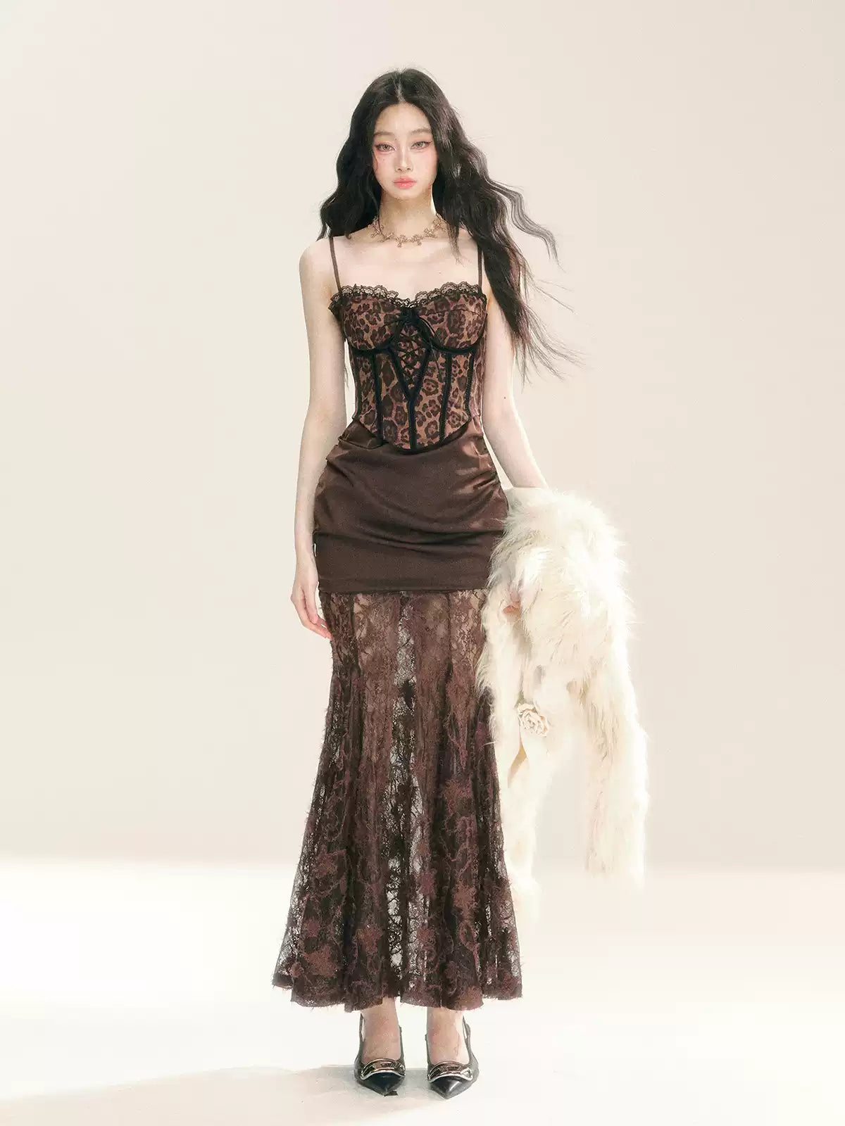 Lace Leopard Suspender Long Dress/Fur Jacket DIA0292