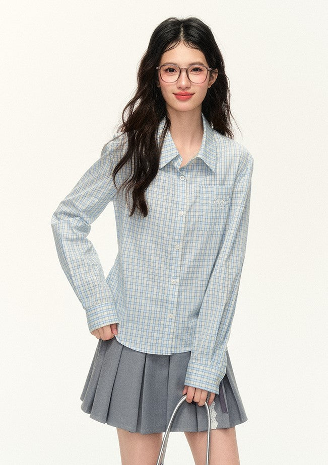 Multi-color Straight Shoulder Plaid Bow Embroidery Long-sleeved Shirt NTO0119