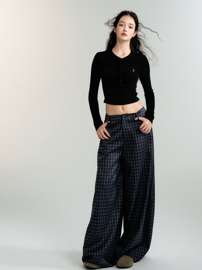 Checked wide-leg casual straight pants LUL0090