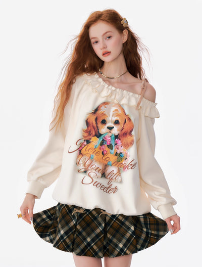 Loose Lazy Style Dog Print Off-shoulder Sweatshirt ZIZ0176