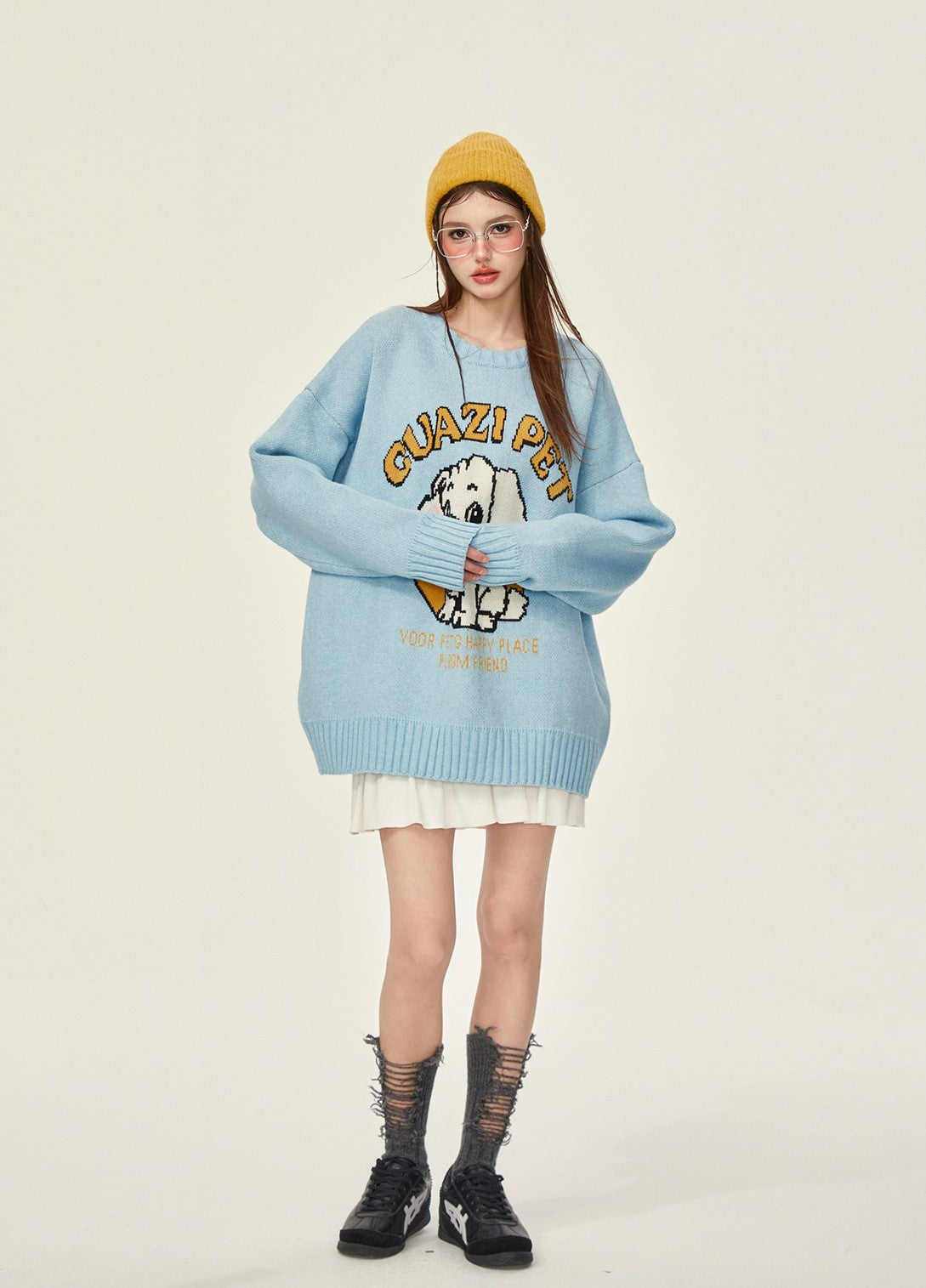 Cute Dog Blue Thick Loose Knitted Sweater GIF0068