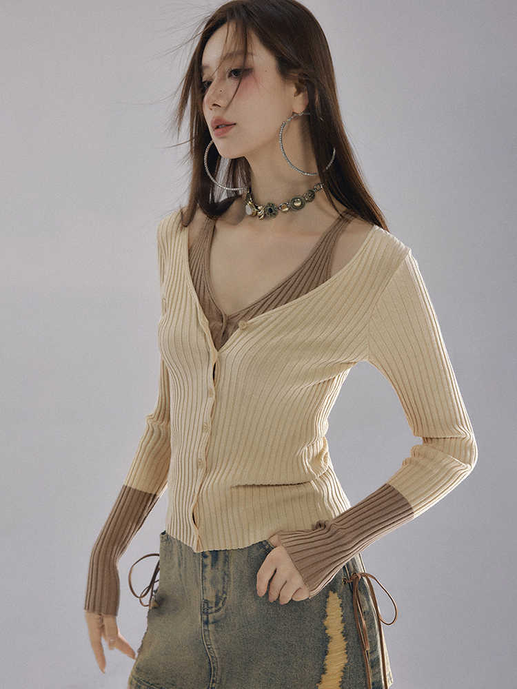 Inner Docking Bicolor Slim Rib Knit Cardigan LAC0227