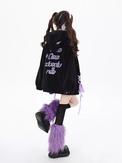 Purple ribbon design thick cotton loose jacket with bear ears hood CRA0089