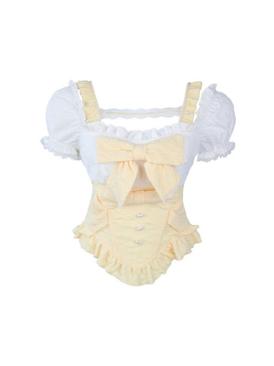 Square neck big bow ruffle girly top & yellow and white layered ruffle mini skirt SER0038